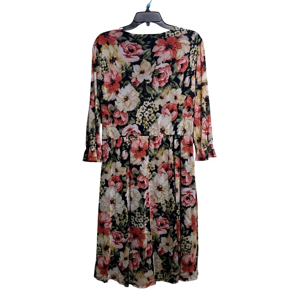 Stella & Julie Floral Faux Wrap Mesh Dress Navy‎ Pink 3/4 Sleeve Size 14 A5